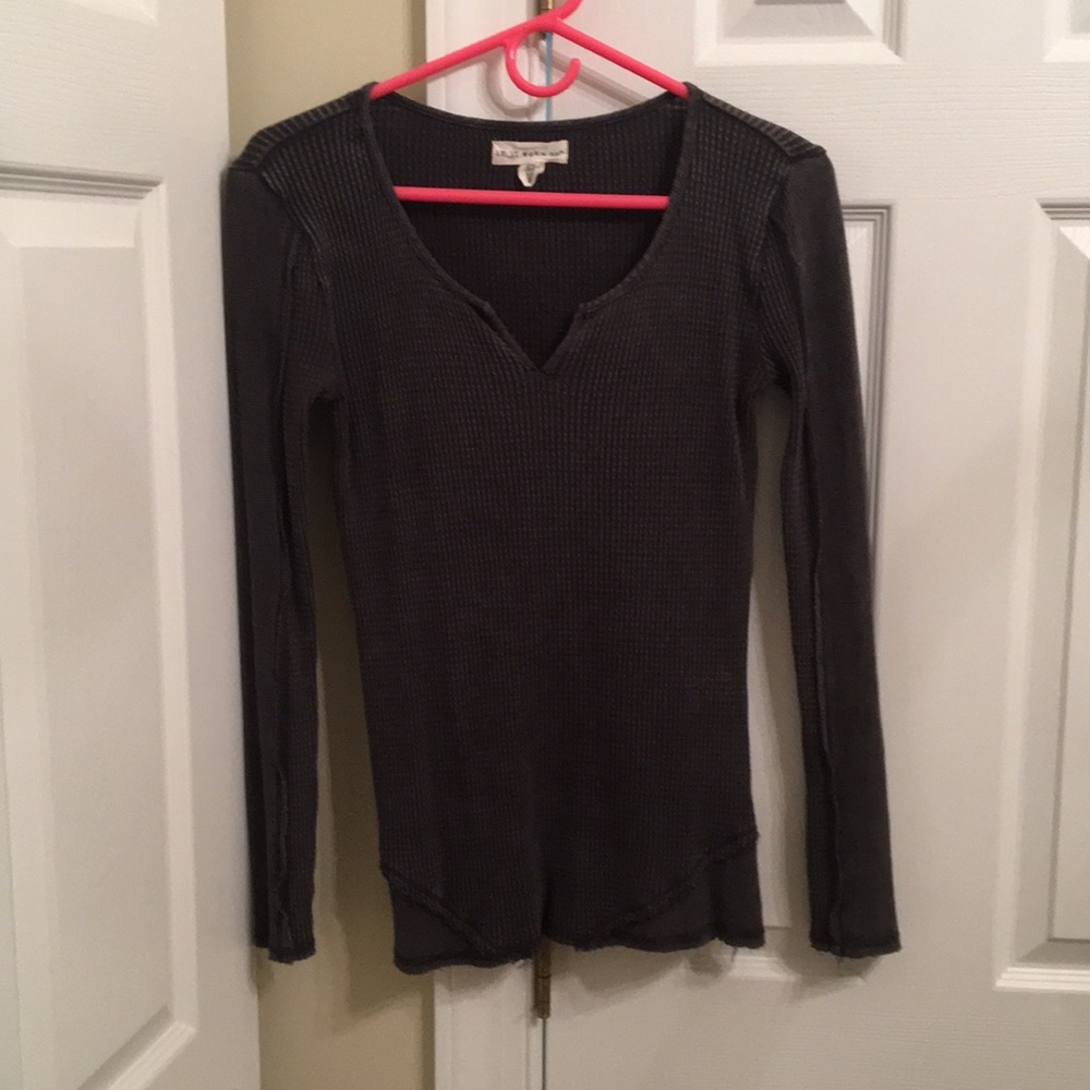 Dark grey waffle knit Henley long sleeve shirt